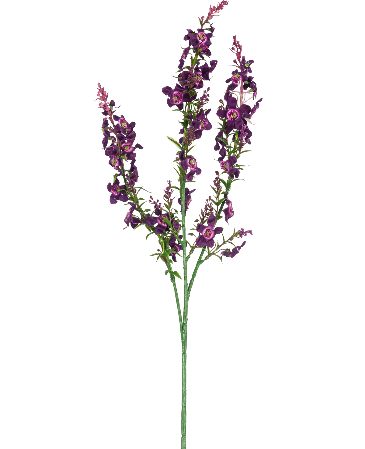 La Fleur Artificielle Cataire 75 cm rose est une simple tige artificielle avec trois branches de fleurs roses et violettes et de feuilles vertes, isolées sur un fond blanc.