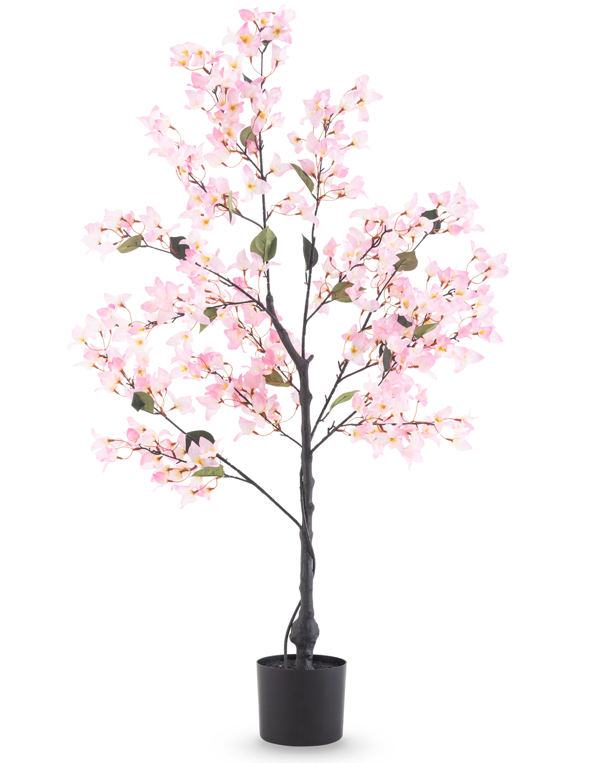 Le Bougainvillier Artificiel 120 cm rose est un arbre artificiel dans un pot avec des feuilles vertes et des fleurs rose vif, représenté sur un fond blanc uni.