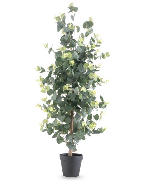 Plante artificielle Eucalyptus 91 cm avec des feuilles vertes rondes et de petits accents jaunes dans un pot noir, présentée sur un fond blanc uni.