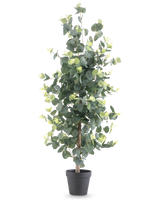 La plante artificielle Eucalyptus 91 cm présente de hautes feuilles rondes vertes réalistes et de petits bourgeons jaunes dans un pot noir, sur un fond blanc uni.