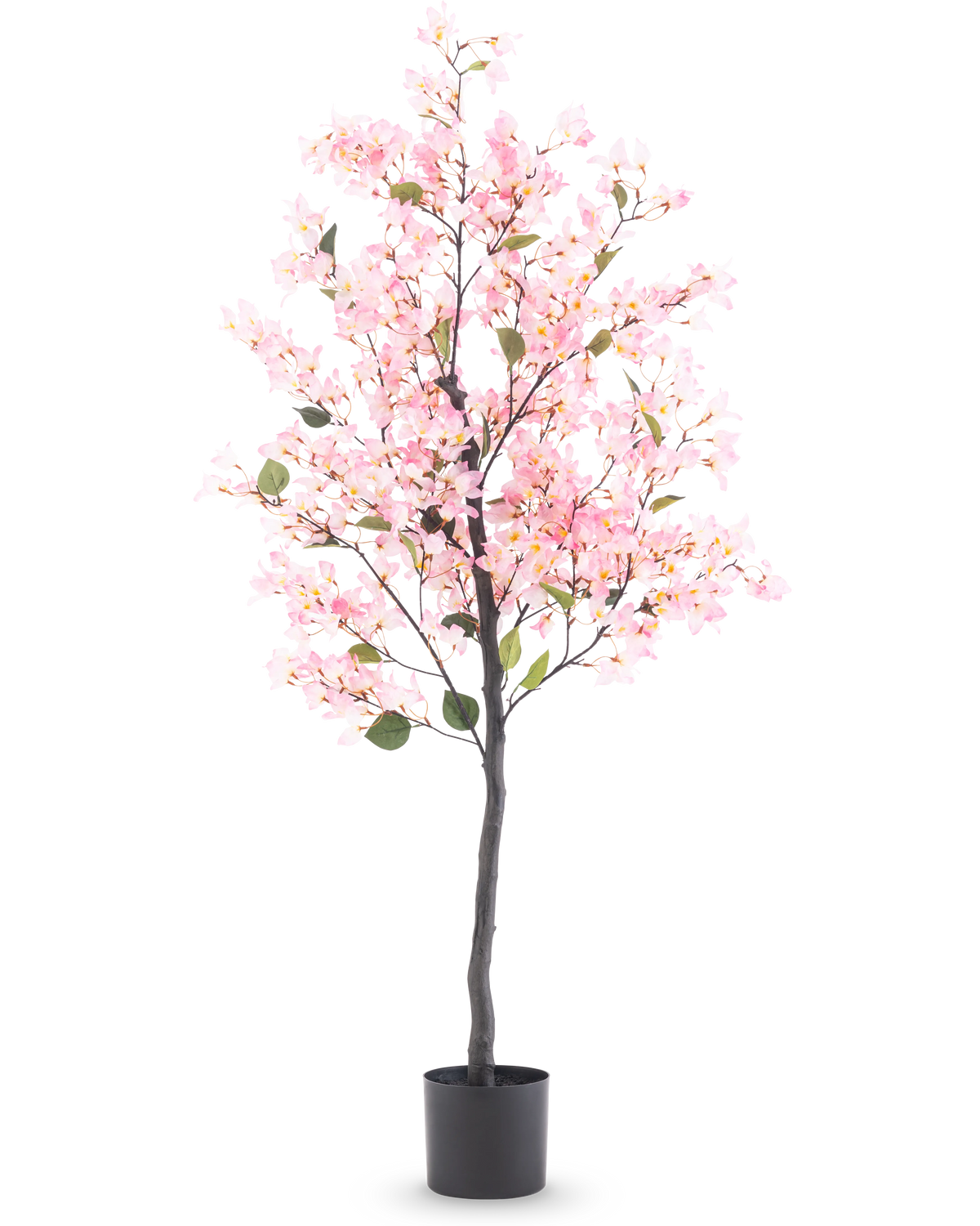 Plante artificielle Bougainvillier 150 cm rose avec fleurs roses et feuilles vertes dans un pot noir, isolée sur fond blanc.