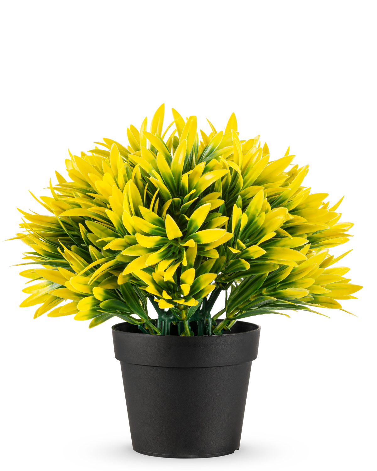 La Plante artificielle Soleil jaune en pot UV 22 cm a un pot de fleur noir avec une plante artificielle dense aux feuilles pointues jaunes et vertes, parfaite pour égayer n'importe quelle pièce.