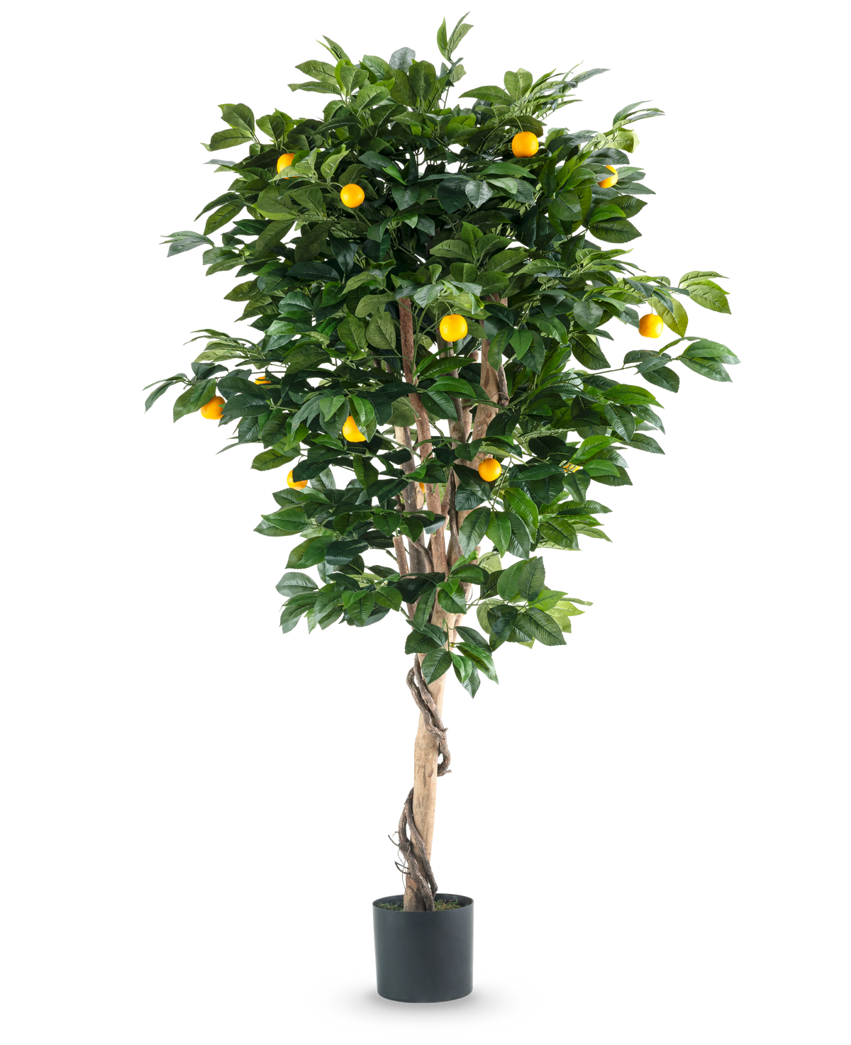 Un grand oranger artificiel de 180 cm avec des feuilles vertes luxuriantes et divers fruits oranges, sur un fond blanc uni.
