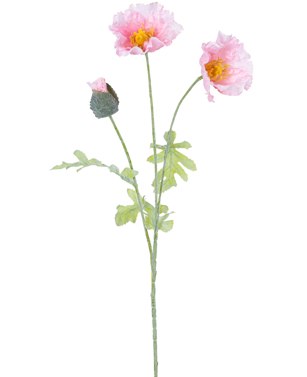 La Fleur Artificielle Coquelicot 73 cm rose clair a une tige unique avec deux fleurs de coquelicot rose clair ouvertes, un bourgeon fermé, des volants dans les pétales, des cœurs jaunes et des feuilles vertes sur fond blanc.