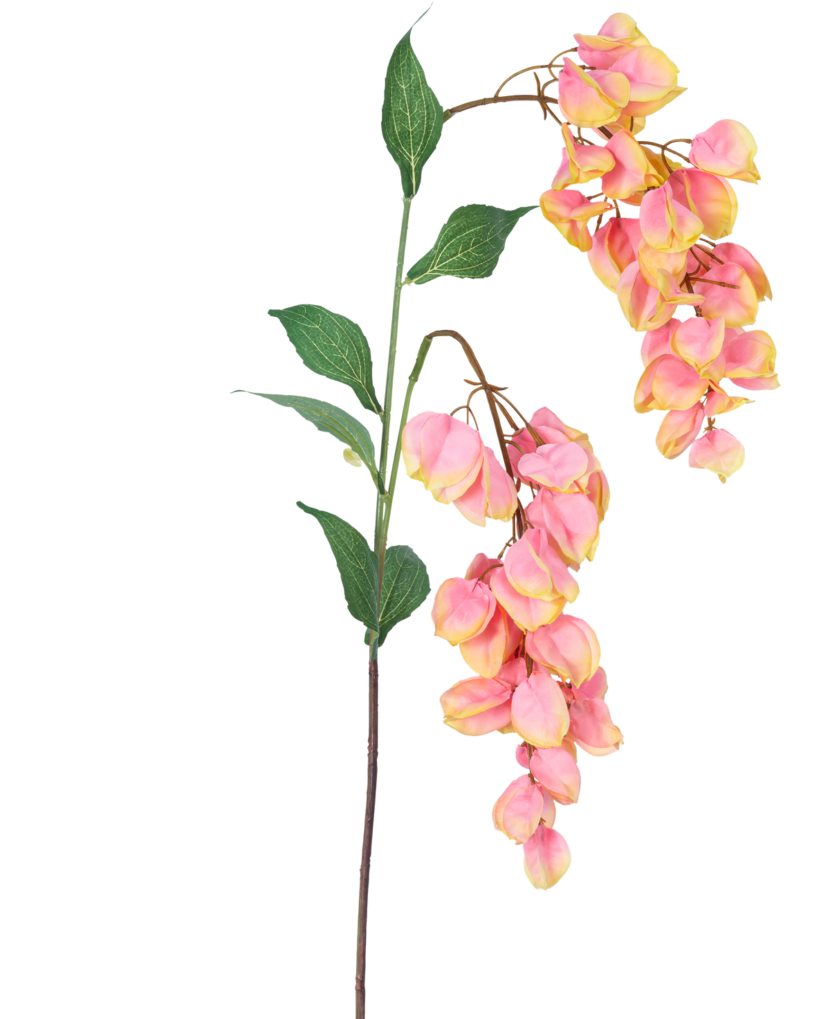 La Fleur Artificielle Paniculata 95 cm a une tige unique avec des feuilles vertes et des bouquets de fleurs ressemblant à des glycines roses et jaunes, joliment isolées sur un fond blanc.