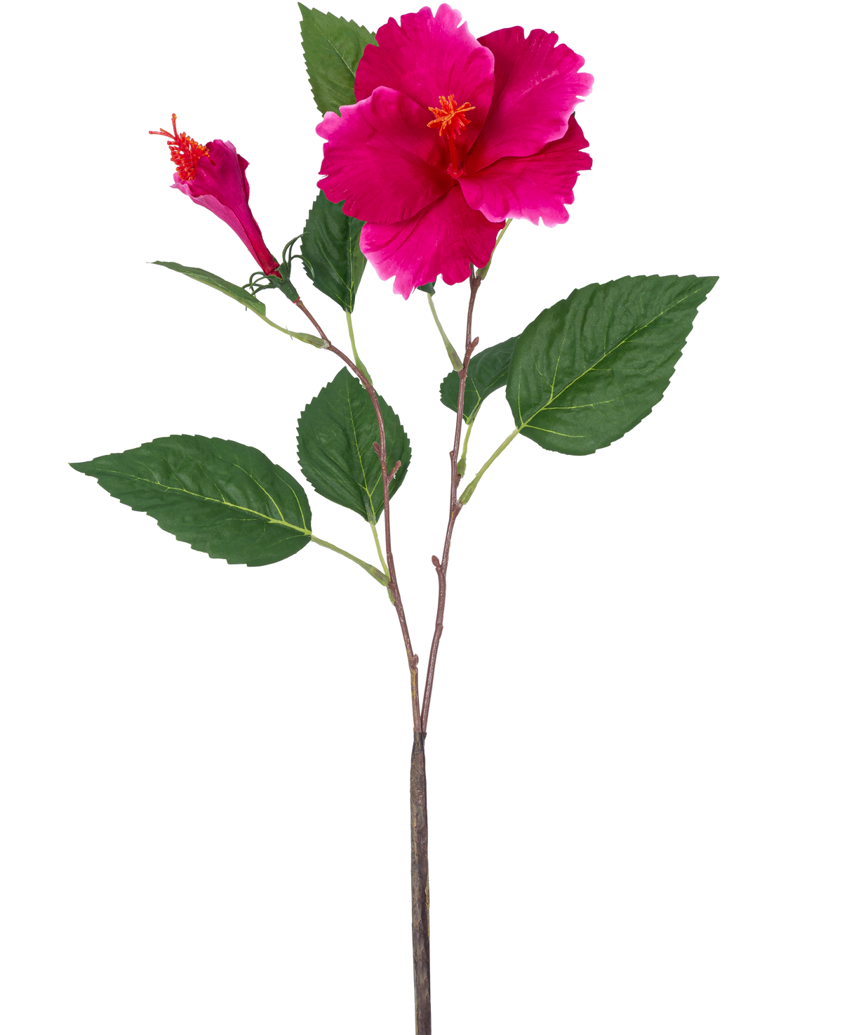 La Fleur Artificielle Hibiscus 64 cm rose possède une seule tige artificielle avec des feuilles vertes, une grande fleur rose ouverte et un bouton fermé, le tout sur un fond blanc uni.