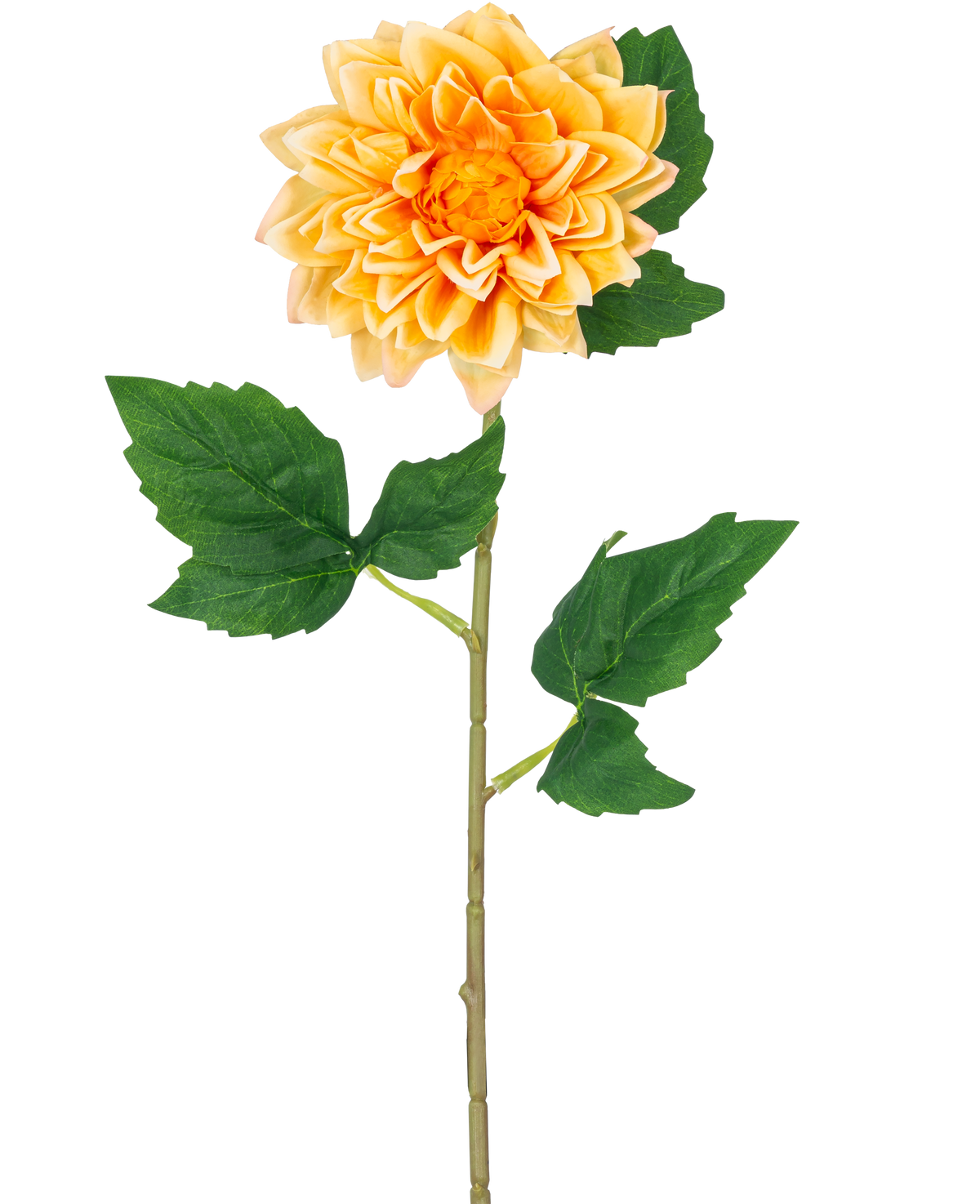 La Fleur Artificielle Dahlia Real Touch jaune 54 cm présente un dahlia jaune réaliste avec des pétales superposés et des feuilles vertes sur une longue tige, isolée sur un fond blanc.