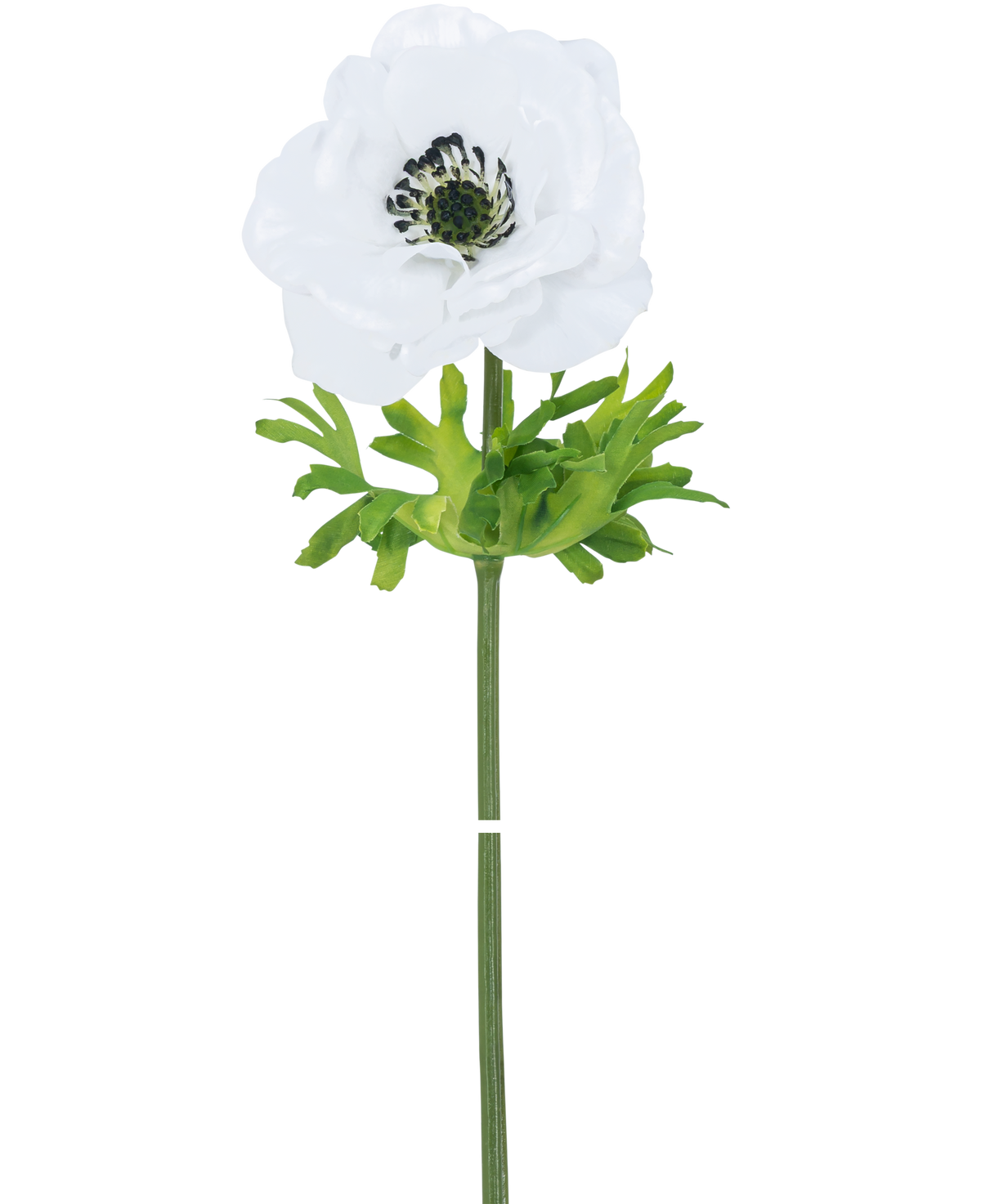 La Fleur Artificielle Anémone Real Touch Blanc 52 cm possède une seule fleur blanche aux pétales délicats, un cœur sombre et des feuilles vertes sur une longue tige droite, sur un fond blanc uni.