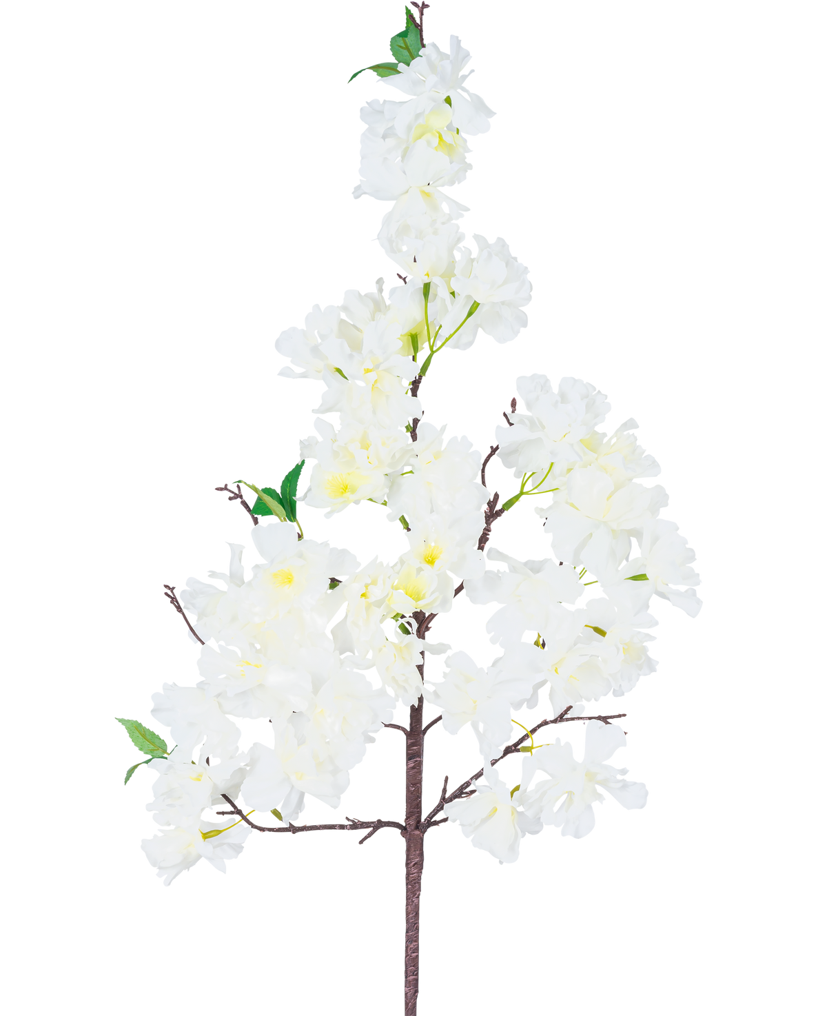 La Fleur de Cerisier Artificielle en Soie 95 cm blanche a une seule branche avec des bouquets de fleurs de cerisier artificielles blanches et quelques feuilles vertes, sur un fond blanc uni.