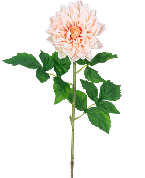 Une seule tige Kunst Georgine Real Touch Light Pink de 70 cm avec des pétales rose clair superposés et des feuilles vertes, sur un fond blanc.