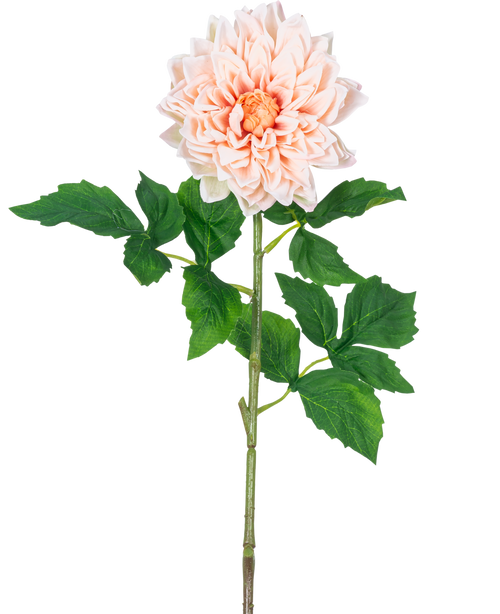 Une seule tige Kunst Georgine Real Touch Light Pink de 70 cm avec des pétales rose clair superposés et des feuilles vertes, sur un fond blanc.