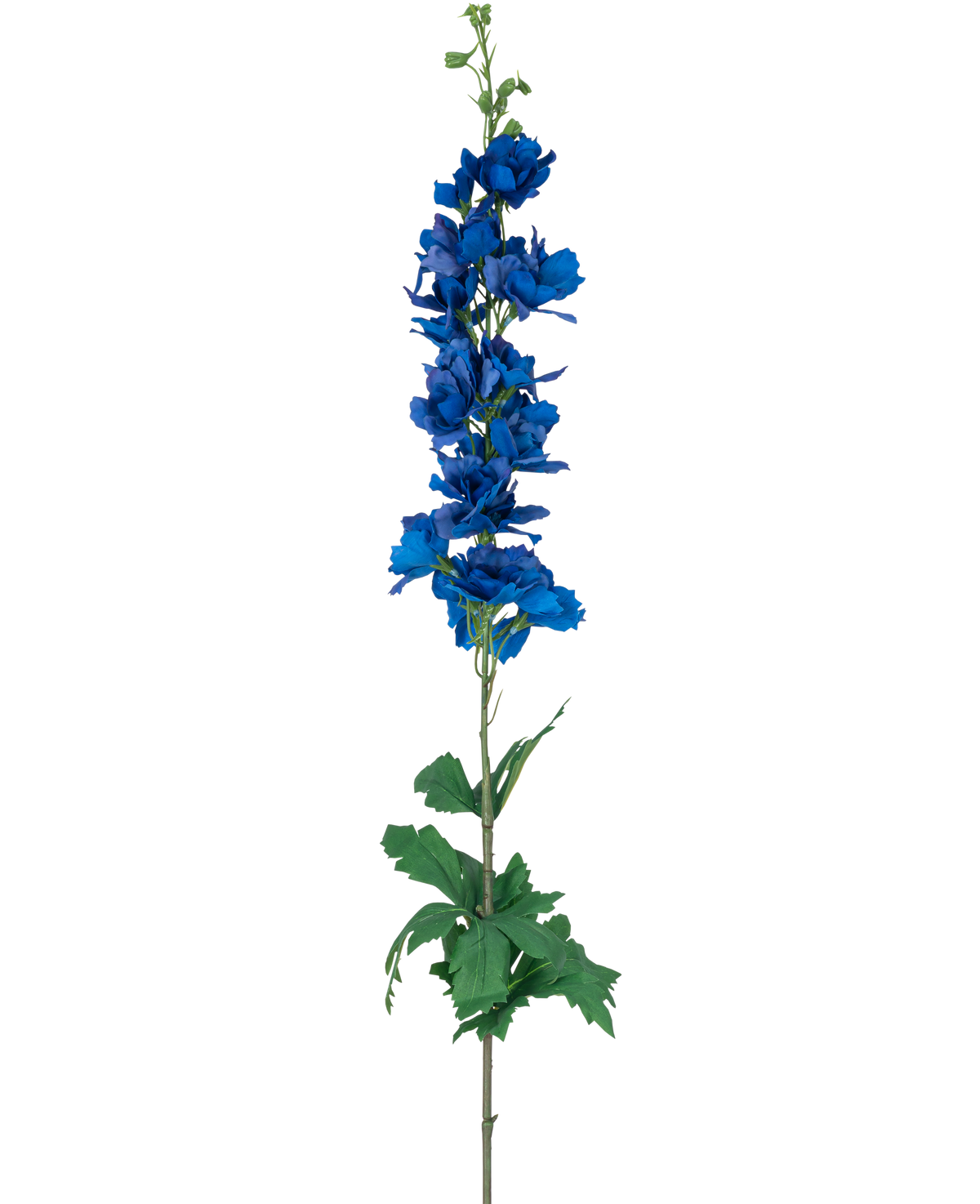 La fleur artificielle Larkspur Real Touch bleu foncé 90 cm a une haute tige unique avec des fleurs superposées bleu foncé vibrantes et des feuilles vertes, sur un fond blanc uni.