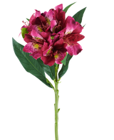 Une seule tige de fleur artificielle d'Alstroemeria mesurant 74 cm dans des tons rouges et violets, avec des fleurs réalistes et des feuilles vertes, isolées sur un fond blanc.