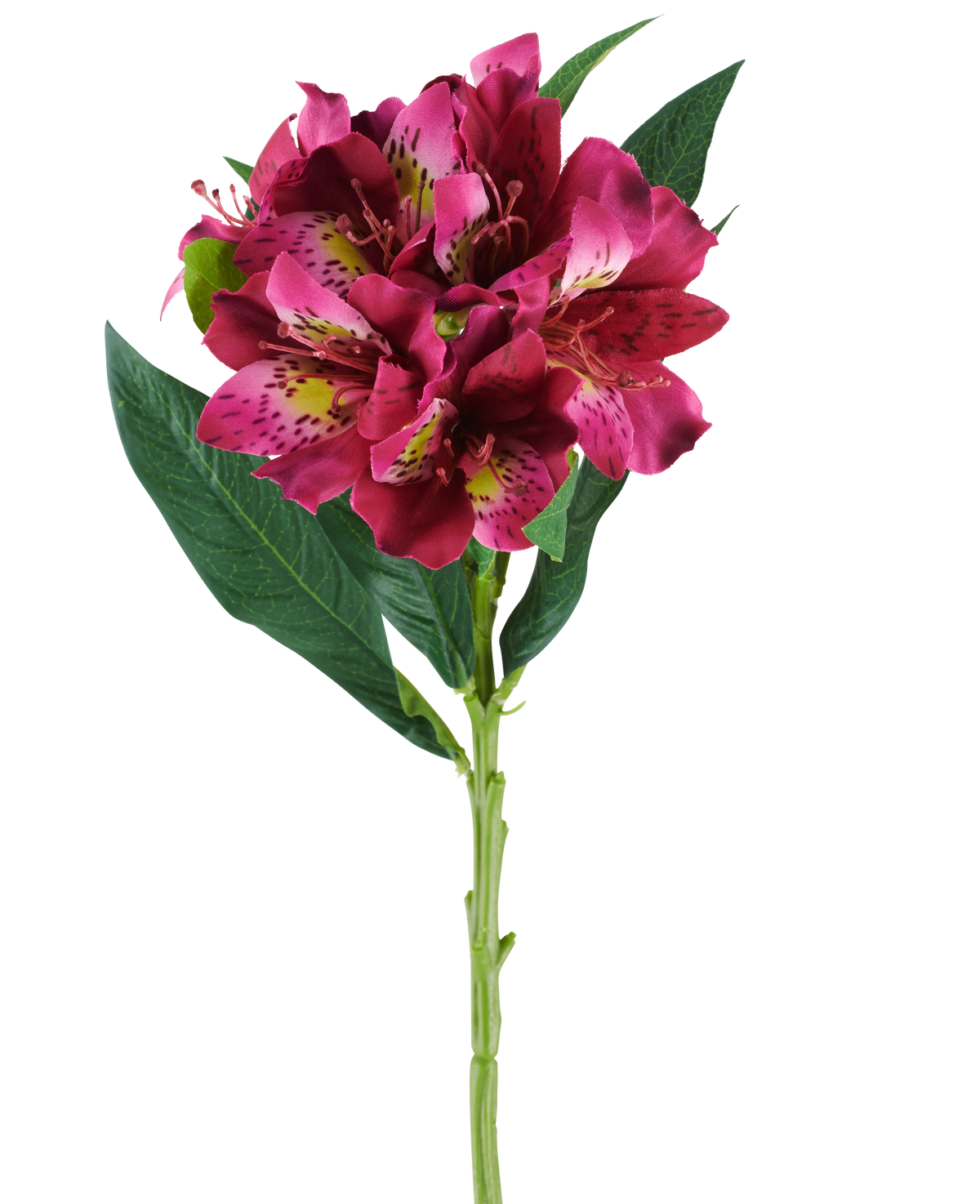 Une seule tige de fleur artificielle d'Alstroemeria mesurant 74 cm dans des tons rouges et violets, avec des fleurs réalistes et des feuilles vertes, isolées sur un fond blanc.