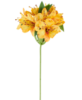 Une fleur artificielle d'Alstroemeria de 47 cm, jaune, avec des pétales tachetés de jaune-orange vif et des feuilles vertes luxuriantes sur une seule tige verte, représentée sur un fond blanc.