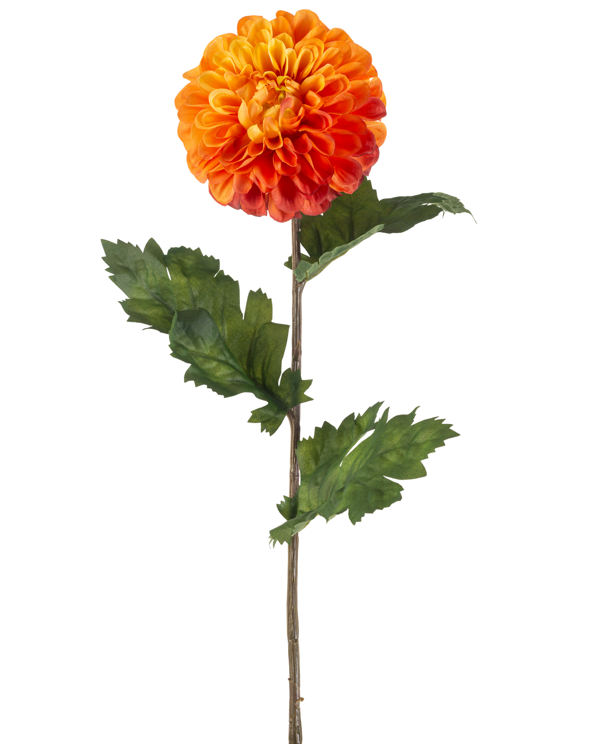 La Fleur Artificielle Dahlia 75 cm orange a un seul dahlia orange avec des pétales superposés, des feuilles vertes et une longue tige brune, sur un fond blanc uni.