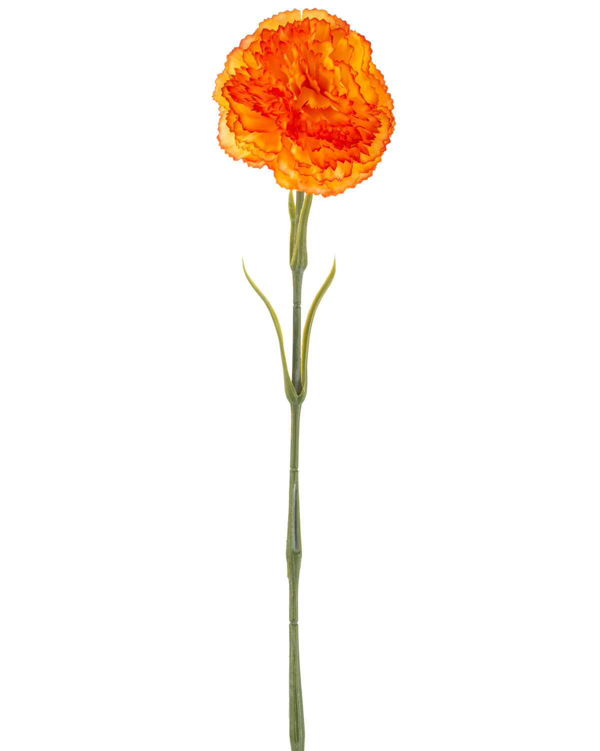 L'Oeillet Fleur Artificielle 57 cm orange est un oeillet artificiel orange avec des volants dans les pétales et une longue tige verte, isolé sur fond blanc.
