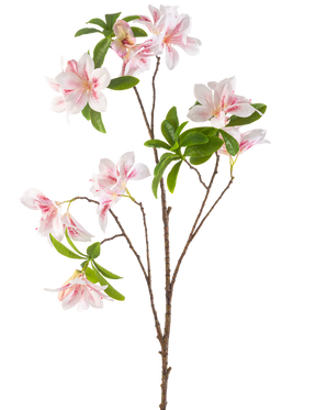 La fleur artificielle Begonia 99 cm blush a une seule branche avec de multiples fleurs de bégonia roses et blanches et des bouquets de feuilles vertes sur un fond blanc.