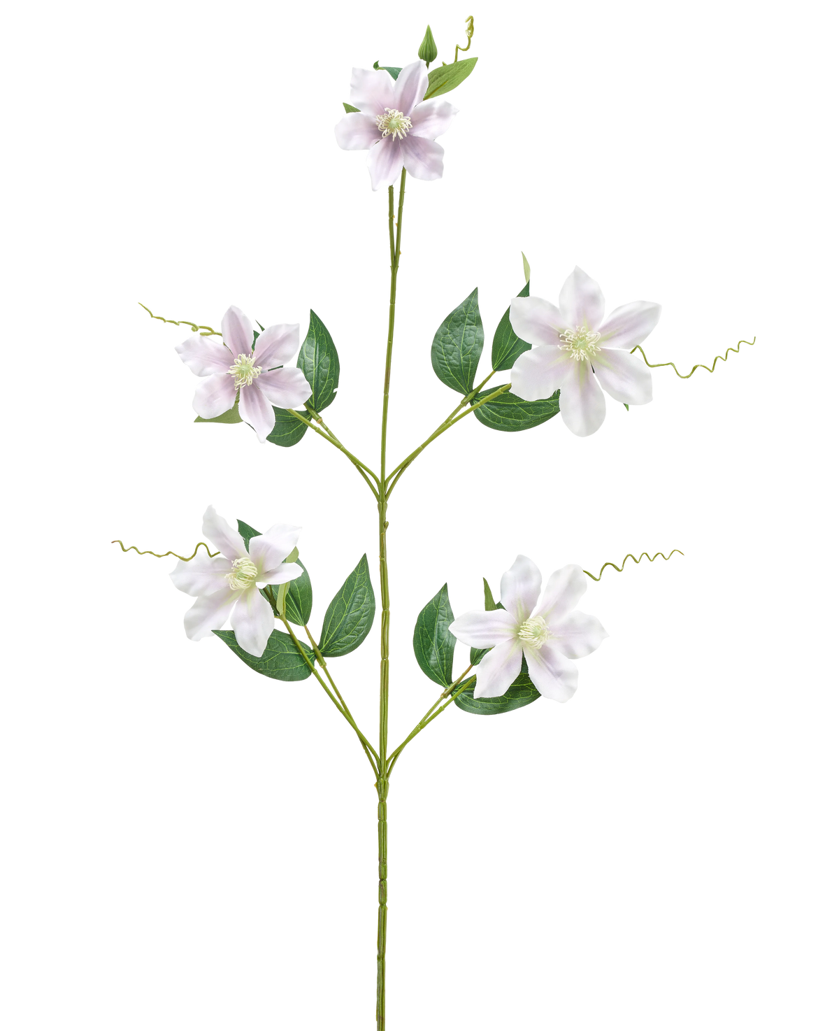 Une seule fleur artificielle Alstroemeria de 47 cm, tige rouge/violet avec différentes branches et feuilles, avec cinq fleurs rouge-violet avec un cœur jaune, sur fond blanc.