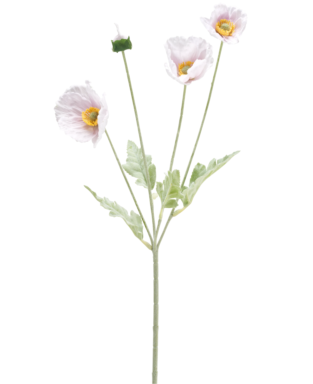 La Fleur Artificielle Coquelicot Real Touch violet 60 cm a une tige unique avec trois fleurs de coquelicot violet clair, un bourgeon fermé, des cœurs jaunes, des pétales délicats et des feuilles vert clair sur fond blanc.