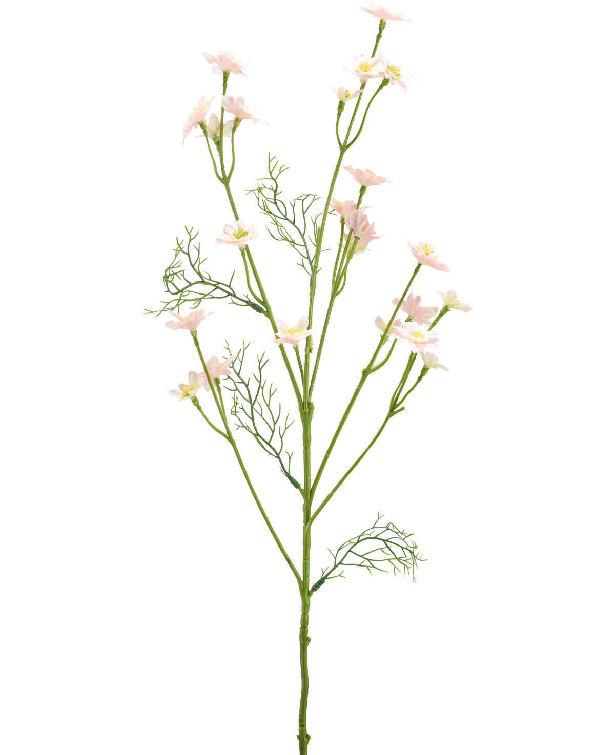 La Fleur Artificielle Wild Flower 68 cm rose clair possède une seule tige verte avec des feuilles plumeuses et de multiples branches ornées de petites fleurs rose clair, sur un fond blanc uni.