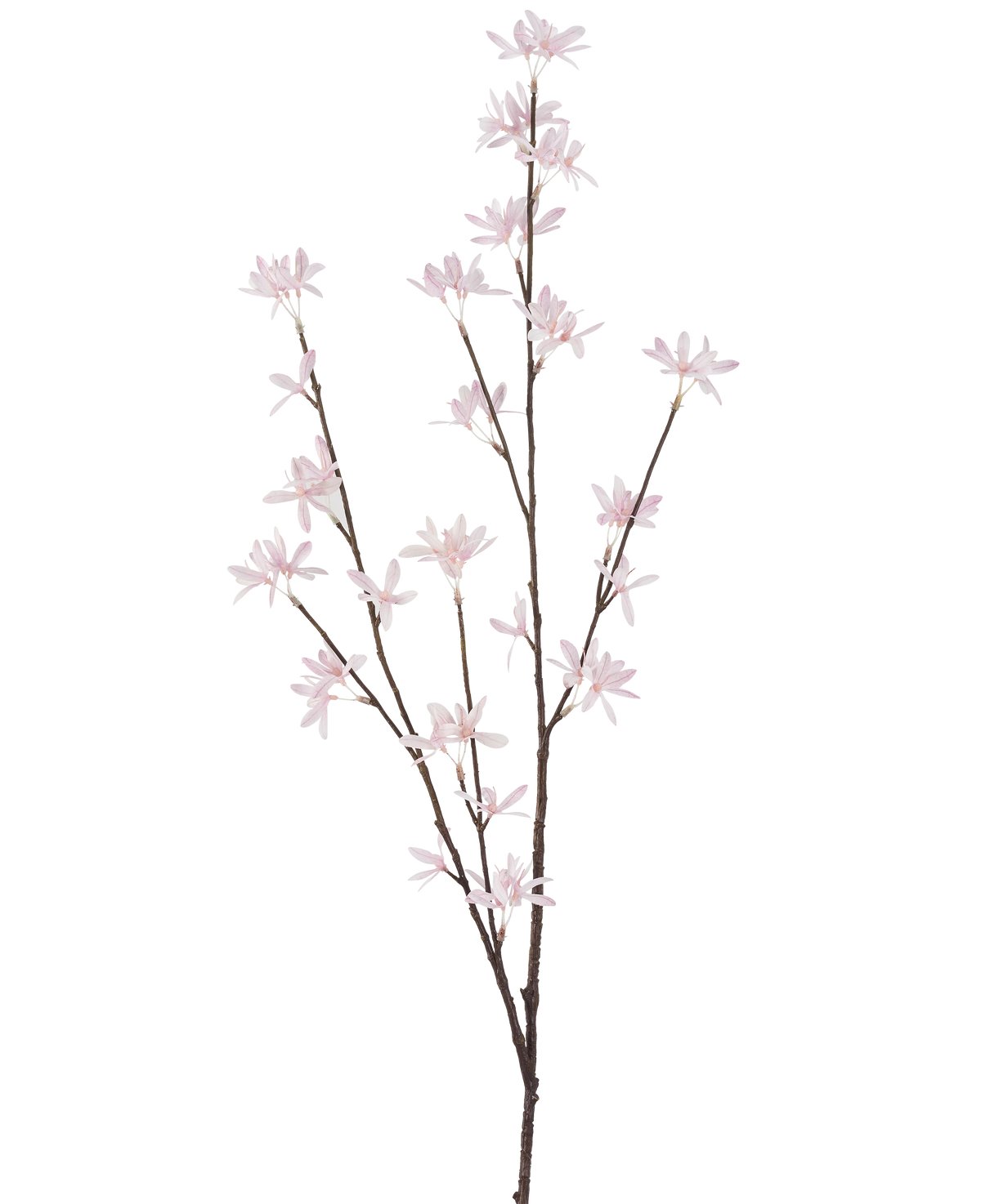 La Fleur Artificielle Wildflowers 112 cm rose clair est une branche unique marron dotée de multiples tiges fines, chacune décorée de petites fleurs délicates rose clair, disposées sur un fond uni blanc.