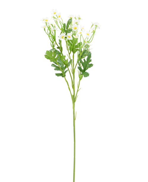 Fleur artificielle Daisy Mini 61 cm : fleur artificielle blanche en forme de marguerite, avec des pétales blancs, un cœur jaune et des feuilles vertes.
