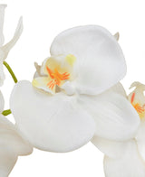 Gros plan de l'Orchidée artificielle 58 cm blanche, avec des pétales blancs doux avec une touche de jaune et d'orange au milieu, sur un fond blanc uni.