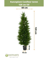 Plante artificielle Tour de conifères UV 120 cm : 120 cm de haut, 60 cm de large dans un pot noir (18x14 cm) avec protection UV. Parfaite comme plante artificielle pour le balcon. Texte vert en haut et logo Easyplants en bas.