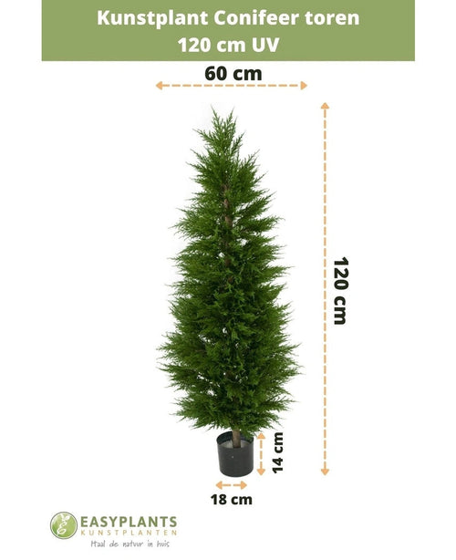 Plante artificielle Tour de conifères UV 120 cm : 120 cm de haut, 60 cm de large dans un pot noir (18x14 cm) avec protection UV. Parfaite comme plante artificielle pour le balcon. Texte vert en haut et logo Easyplants en bas.