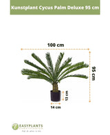 Plante artificielle Cycus Palm Deluxe 95 cm en pot noir (taille du pot : 14x13 cm), faisant partie de la collection palmiers et palmiers artificiels. Dimensions de la plante : 95 cm de hauteur, 100 cm de largeur. Logo Easyplants et titre du produit visibles en haut et en bas.