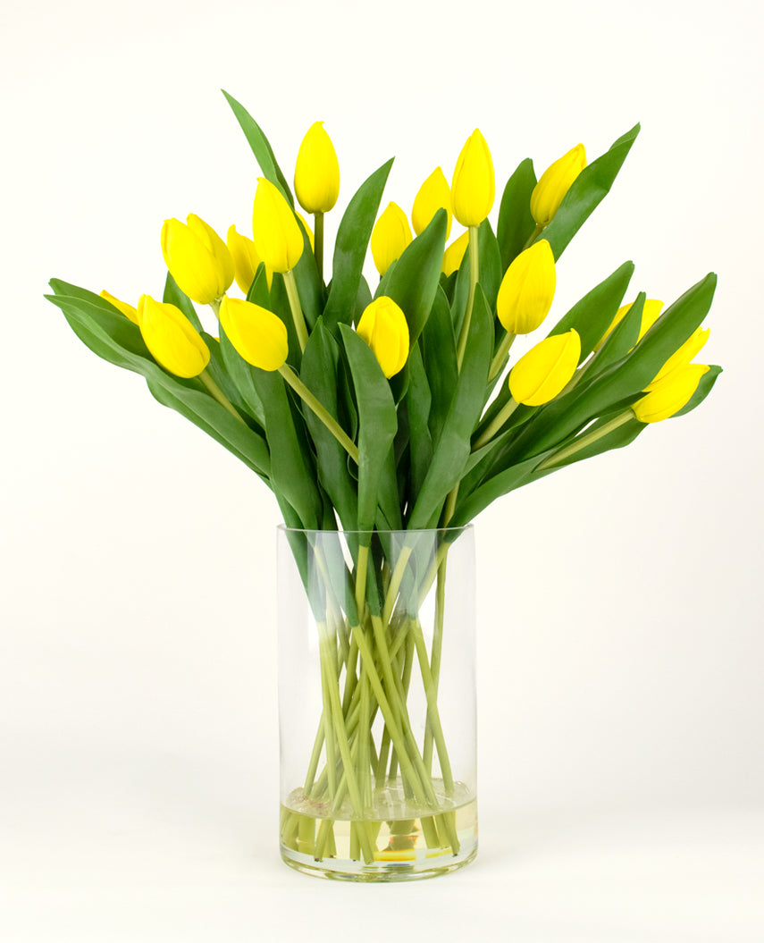 Le bouquet artificiel en soie Tulipes en vase Jaune se compose d'un bouquet de tulipes jaunes aux feuilles vertes dans un vase en verre transparent, sur un fond blanc uni.
