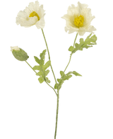 La Fleur Artificielle Coquelicot 73 cm blanc est une tige de fleur artificielle avec deux fleurs de coquelicot blanches ouvertes, un bourgeon fermé, des pétales structurés et des feuilles vertes sur un fond blanc uni.
