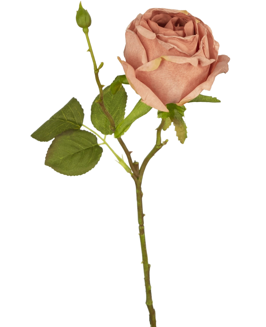 La Rose Artificielle Deluxe 45 cm rose a un bouton fermé, des feuilles vertes et une longue tige, et est présentée sur un fond blanc uni.