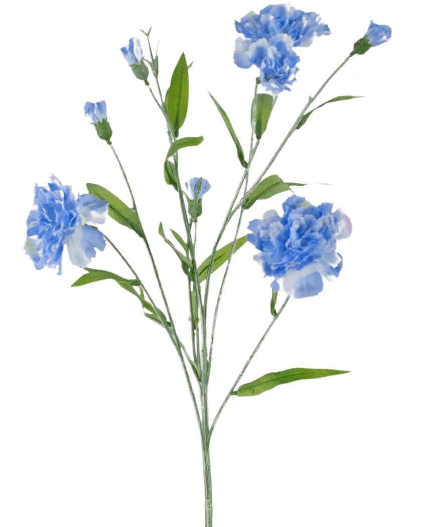 La fleur artificielle bouquet d'oeillets 70 cm bleu a une tige délicate avec plusieurs fleurs d'oeillets bleu clair et des feuilles vertes, sur un fond blanc uni.