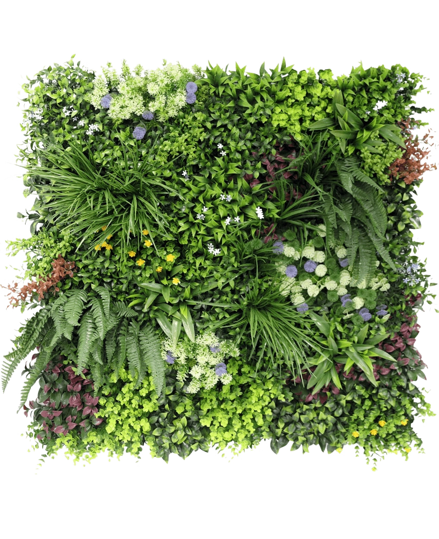 La Haie Artificielle Vibrant 100x100 cm UV possède un jardin vertical luxuriant avec des plantes vertes denses, des fougères et de petites fleurs blanches, violettes et jaunes en motif carré sur fond blanc.