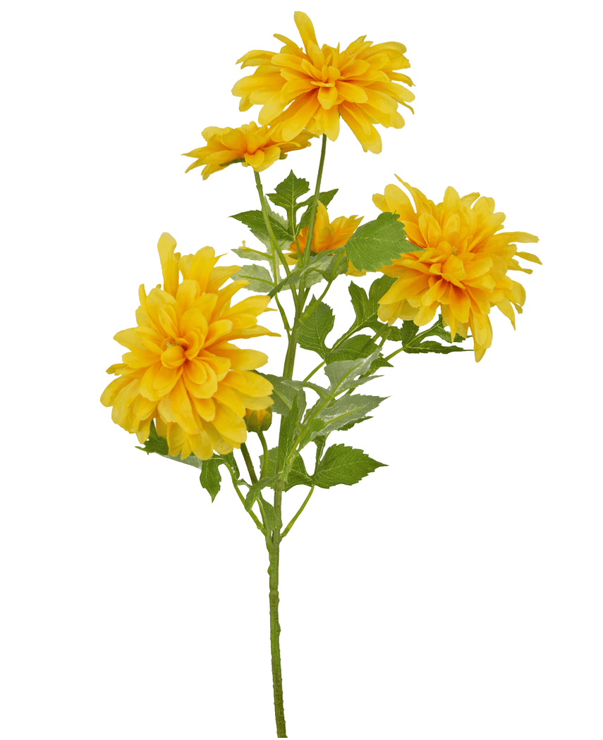 Une seule fleur artificielle orange Dahlia de 60 cm avec des feuilles vertes sur fond blanc.