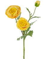 La Rose Artificielle "Emine" Real Touch Jaune 62 cm a une tige unique avec deux fleurs jaunes épanouies et un bourgeon fermé, agrémenté de feuilles vertes, sur un fond blanc.