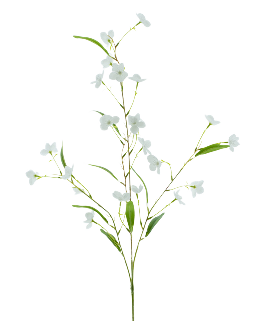 La Fleur Artificielle Alstroemeria Real Touch Blanc 100 cm présente de fines feuilles vertes et de petites fleurs blanches sur une tige délicate, sur un fond blanc uni.
