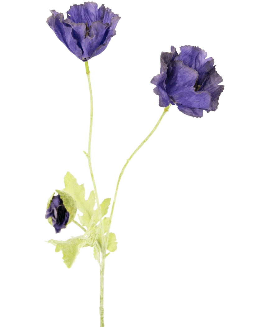 La fleur artificielle Coquelicot 73 cm présente trois délicates fleurs violettes - deux ouvertes, une partiellement fermée - avec des tiges et des feuilles vert clair, sur un fond blanc uni.