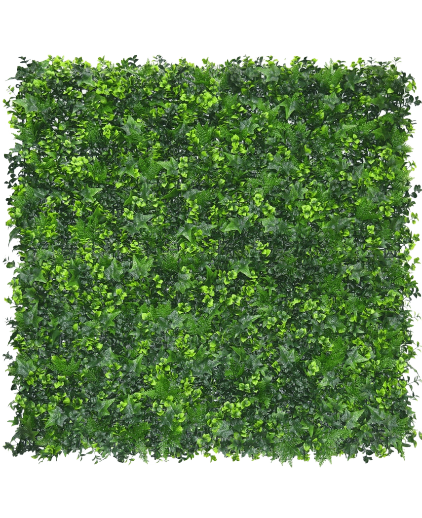 La Haie artificielle mélange mat 50x50 cm ignifuge UV est un panneau carré avec des feuilles artificielles vertes denses et mélangées, lui donnant l'apparence d'un jardin vertical luxuriant. Il est résistant aux UV et ignifuge pour une utilisation extérieure à long terme.