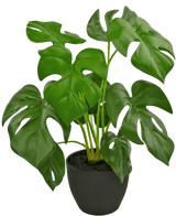 Le Monstera artificiel 40 cm en pot décoratif noir est un Monstera artificiel avec de grandes feuilles vertes brillantes avec des trous et des fissures naturels, dans un simple pot décoratif noir rempli de terre sombre.
