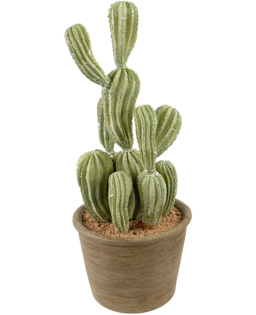 Le Cactus artificiel Cereus 35 cm a des tiges dressées vertes et nervurées dans un pot avec une structure brune et un sol brun clair, sur un fond blanc uni.
