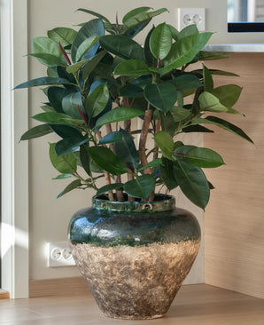 La plante artificielle Rubber Deluxe 90 cm a de larges feuilles vertes brillantes et est présentée dans un grand pot en céramique rustique - idéal pour tous ceux qui aiment l'apparence des plantes à caoutchouc sans avoir besoin d'entretien.