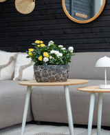 Un canapé gris avec des coussins beiges se dresse derrière une table d'appoint en bois avec la Plante Artificielle Mini Rose UV 35 cm jaune ; une petite lampe blanche repose sur une table plus petite, avec des miroirs muraux et un décor en arrière-plan.