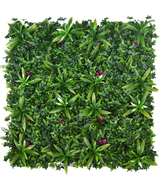 La Haie Artificielle Olivine 100x100 cm UV est un panneau de jardin vertical dense avec des plantes à feuilles vertes avec de petites fleurs violettes, parfait pour ajouter une verdure vibrante à n'importe quel espace.