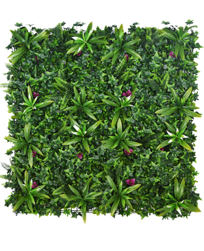 La Haie Artificielle Olivine 100x100 cm UV est un panneau de jardin vertical dense avec des plantes à feuilles vertes avec de petites fleurs violettes, parfait pour ajouter une verdure vibrante à n'importe quel espace.