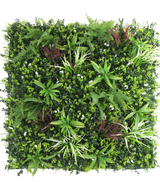 La Haie Artificielle Rona 100x100 cm UV est un panneau carré avec un mélange luxuriant de feuillages verts, de fougères et de petites plantes feuillues aux accents blancs et bordeaux, le tout sur un fond blanc frais.