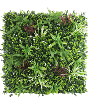 La Haie Artificielle Rona 100x100 cm UV est un panneau carré avec un mélange luxuriant de feuillages verts, de fougères et de petites plantes feuillues aux accents blancs et bordeaux, le tout sur un fond blanc frais.
