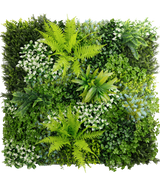 La Haie Artificielle Cloe 100x100 cm UV est un jardin vertical carré avec un mélange de plantes vertes luxuriantes et de fougères aux formes, tailles et nuances de feuilles variées pour un mur végétal dense, structuré et vivant.